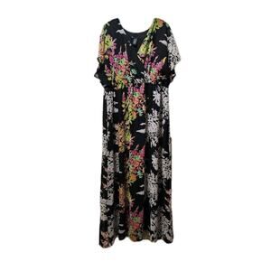 Lane Bryant Black Floral Maxi Dress Women's 18/20 Empire Waist Flutter Sleeve